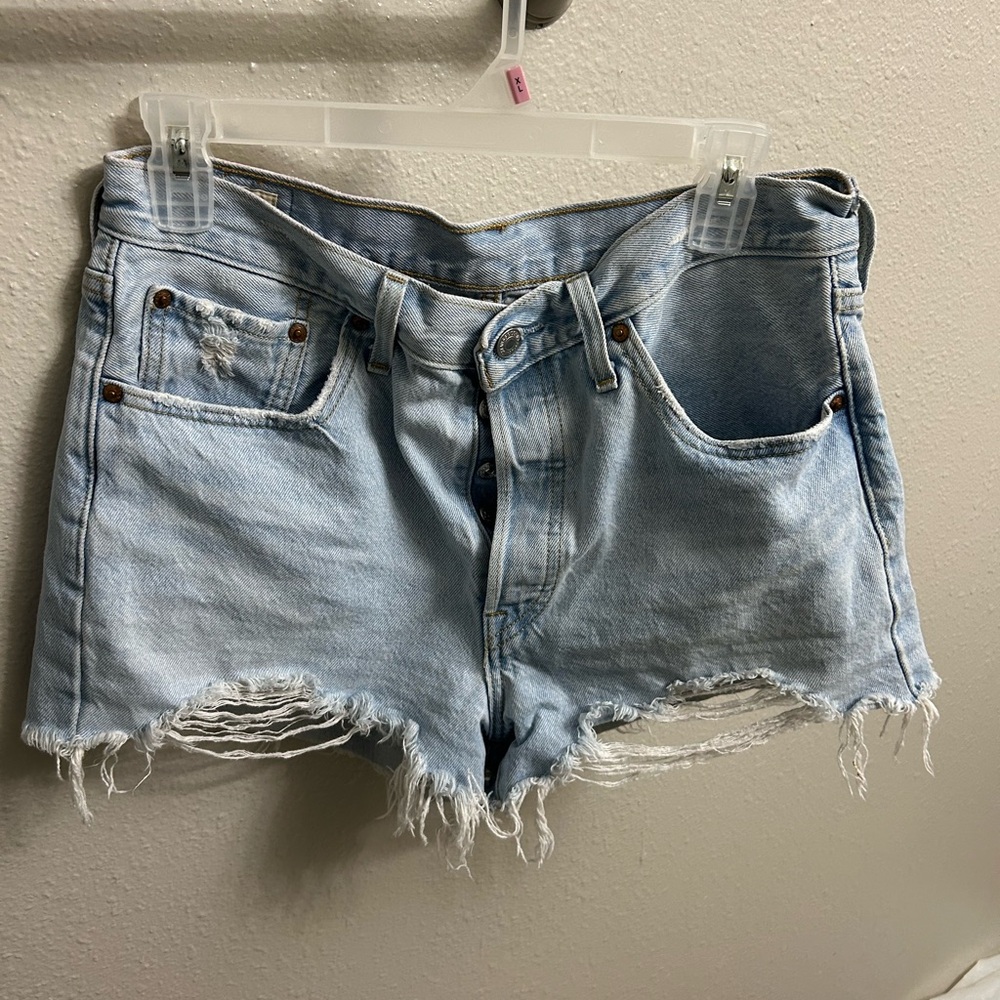 Levi Distressed Light Blue Denim Shorts
